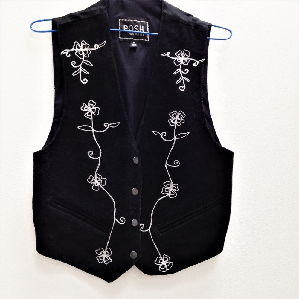 Women Real Black Suede Embroidered Vest  - Size M